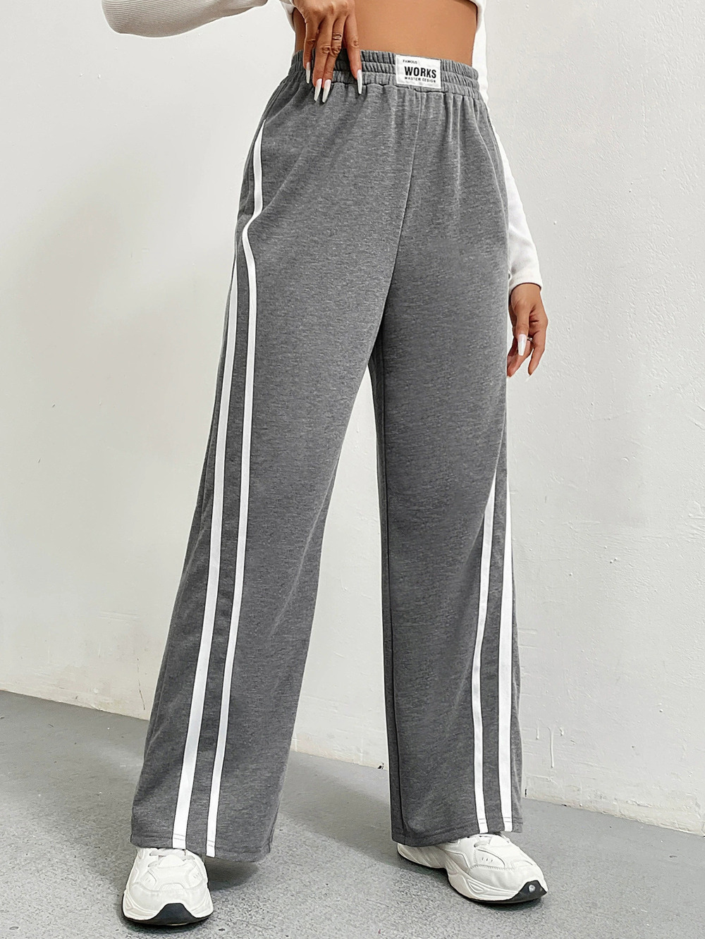 ZARA Side Double White Stripe Wide Leg Track Pants Elastic Waist Loose Drape